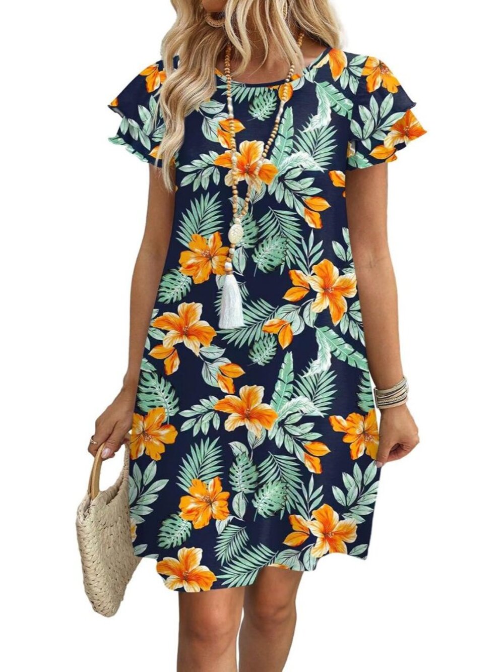 Women's Navy Blue Floral Polyester Blend Cap Sleeve Crew Neck Pull On Mini Dress